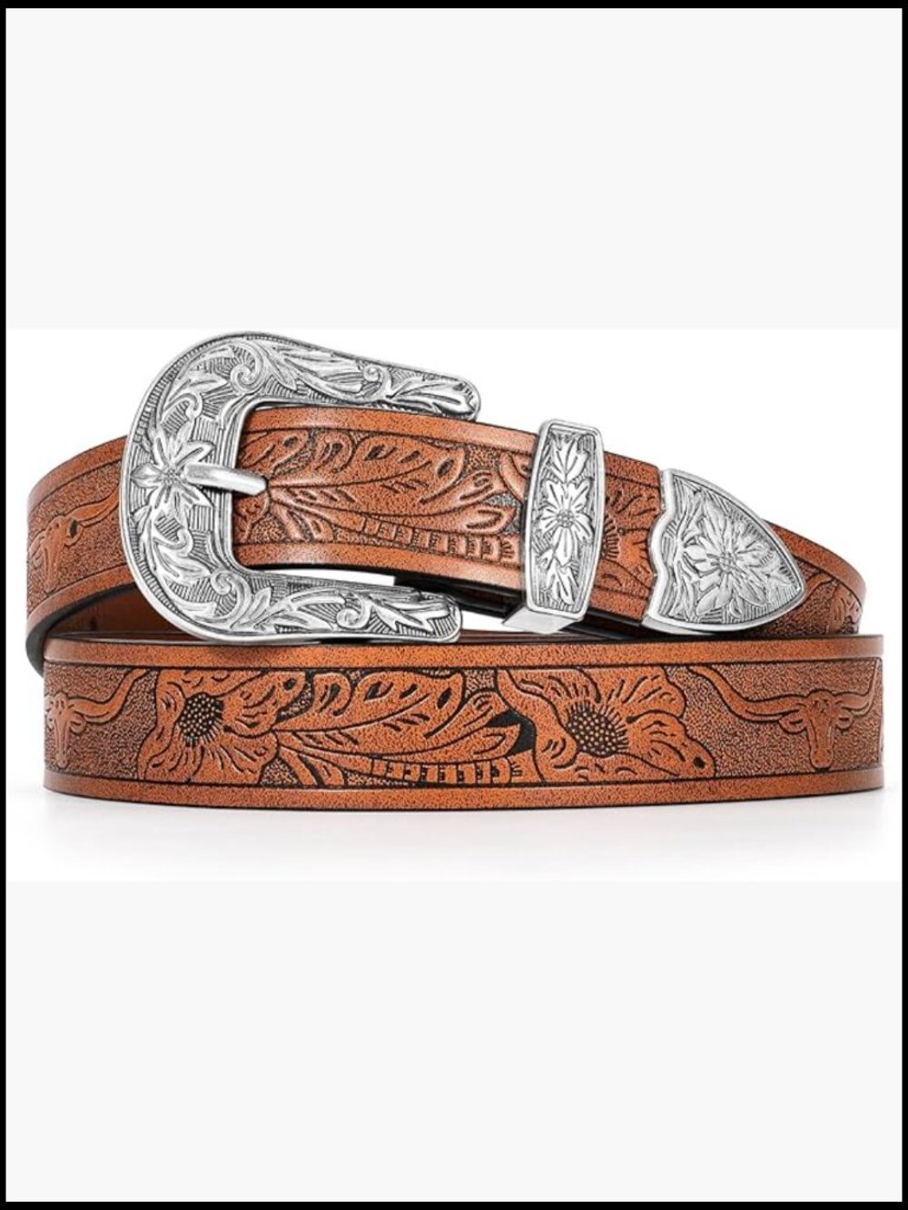 Vintage Western Belt Floral Carved Buckle Leather Waist Accessory Y2K